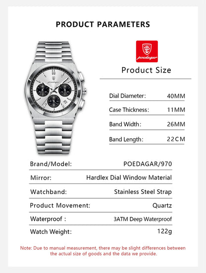 POEDAGAR Luxury Men's Watch Chronograph Date Stainless Steel Casual Man Clock Waterproof Luminous Fashion Quartz Watches For Men