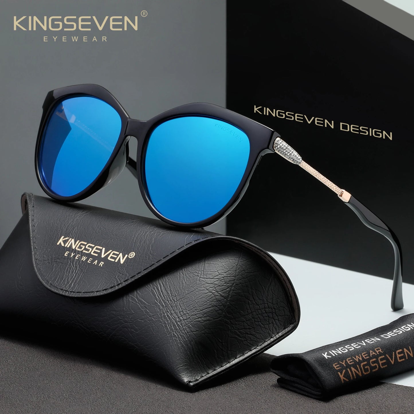 KINGSEVEN Casual Women Sunglasses Driving UV400 Polarized Protective Fashion Glasses Luxury Cat Eye Round Large Eyewear Frames