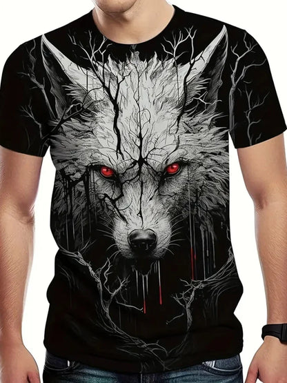 Fire Wolf Grafik-3D-Print Herren-T-Shirt Sommer Oversized Casual T-Shirt Herrenmode Fitness Kurzarm-Oberteil Tee-Shirt