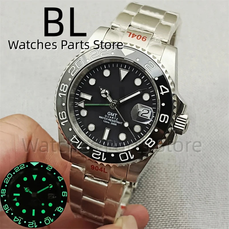 BLIGER 40mm 515 24H GMT Men's Watch Stainless Steel Clasp Luminous Quartz Movement Ceramic Bezel 10Bar Waterproof Sapphire Glass