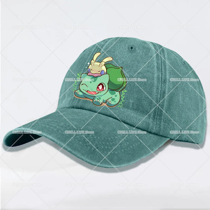 Kawaii Pokemons Adult Washed Baseball Cap Pikachu Mewtwo Bulbasaur Peak Cap Cute Cartoon Men Women Travel Sunshade Beach Sunhat