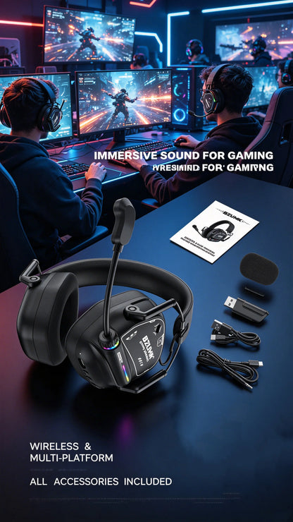 Casque de jeu sans fil BZUMK, écouteurs circum-auraux Bluetooth à faible latence avec micro, basses profondes, 50 mm, RGB, pour PC, PS4, PS5, ordinateur portable, gamer