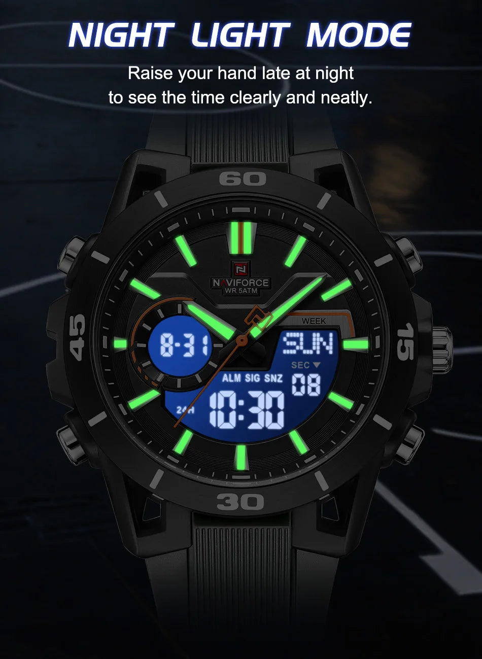NAVIFORCE Men's Watch Dual Display 50M Waterproof Countdown Chronograph Alarm Clock Male Fashionable Sports Wristwatch NF7135