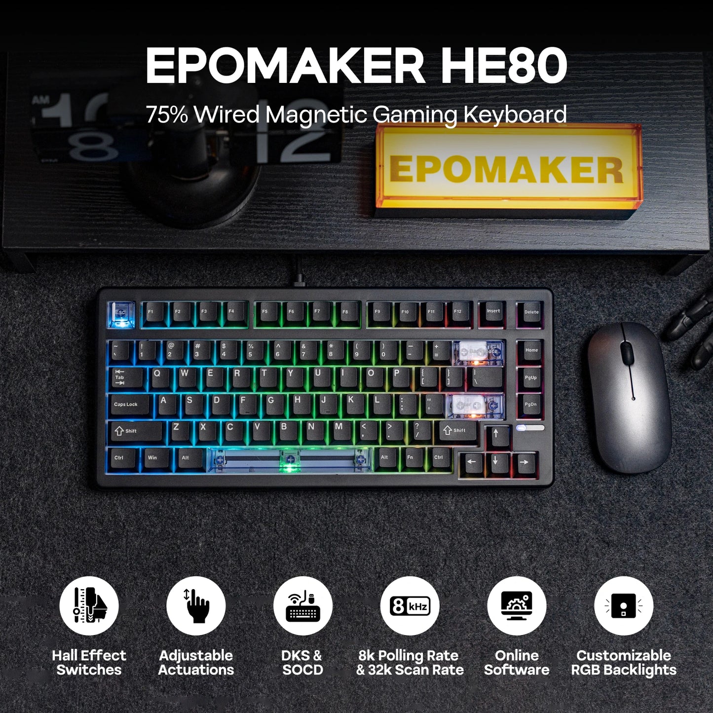 EPOMAKER HE80 75% Layout QWERTY US Tastiera meccanica magnetica cablata Hot-Swap Creamy Gasket con effetto Hall, DKS SOCD per PC/Mac