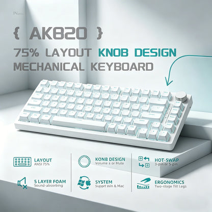 AJAZZ AK820 75% kabelgebundene mechanische Tastatur: Hot-Swap-fähig, RGB-/Weiß-/Eisblau-Hintergrundbeleuchtung, Steuerung per Lautstärkeregler | Für Büro & Gaming