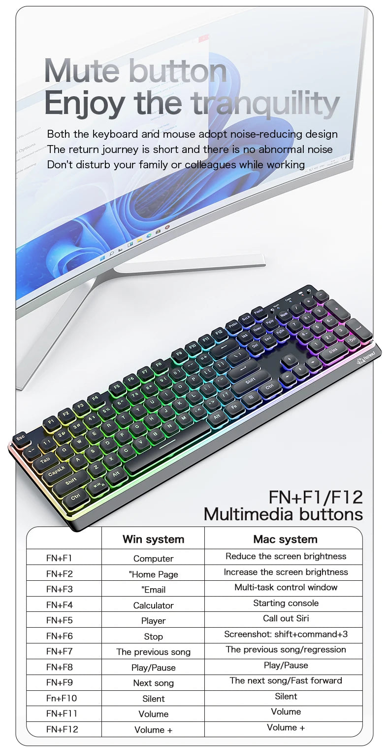 Freewolf M104 Tri-Mode Wireless Keyboard RGB 104 Keys Ultra Slim Quiet Membrane 4000mAh Large Battery for Office&Home