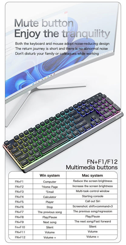 Freewolf M104 Tri-Mode Wireless Keyboard RGB 104 Keys Ultra Slim Quiet Membrane 4000mAh Large Battery for Office&Home