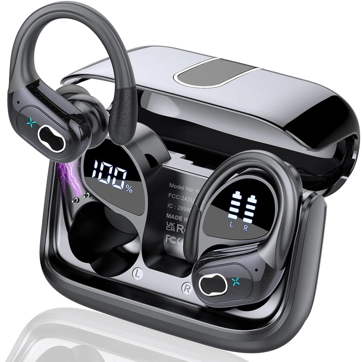 Écouteurs sans fil Sport Bluetooth 5.4 casque avec micro antibruit 75 heures HiFi stéréo sur l'oreille bourgeon LED affichage USB-C IPX7