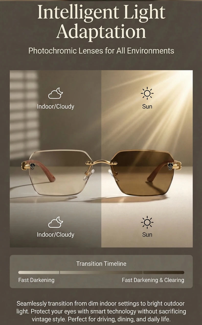 Square Rimless Photochromic Sunglasses Men Vintage Sun Glasses 2026 Luxury Designer Shades Male Cut Lenses Frameless Eyewear