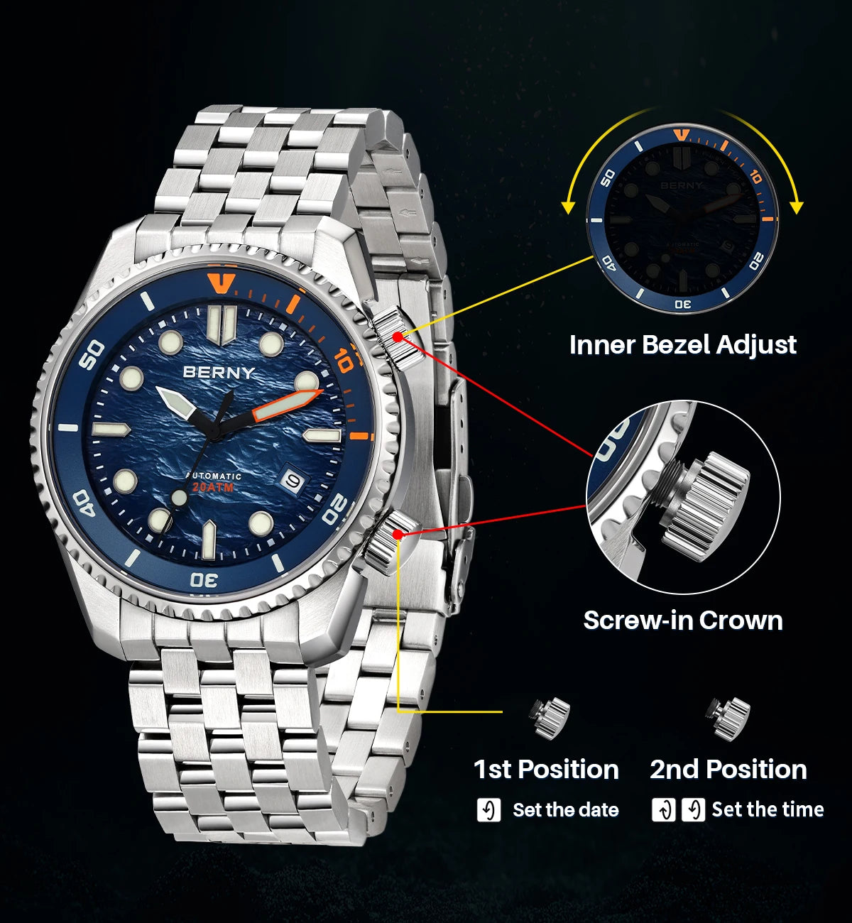 BERNY Automatic Diver Watch for Men Top Luxury Sapphire 316L Steel Blue Dial 200M Waterproof Mechanical Diving Men's Watches