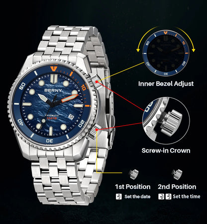BERNY Automatic Diver Watch for Men Top Luxury Sapphire 316L Steel Blue Dial 200M Waterproof Mechanical Diving Men's Watches