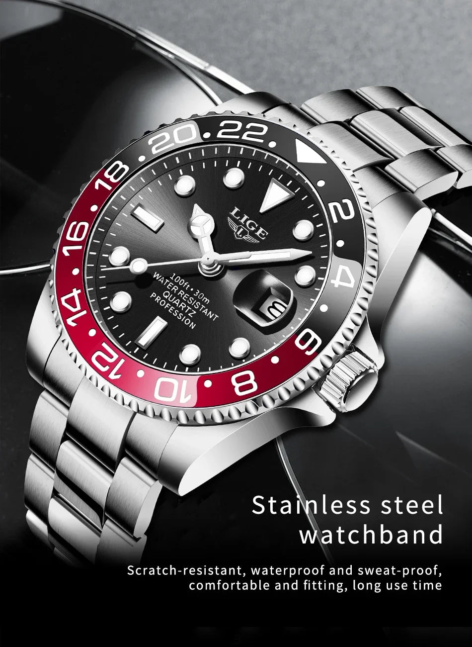 LIGE Men’s Luxury Quartz Watch  Stainless Steel, Luminous Dial, Waterproof & Business Design
