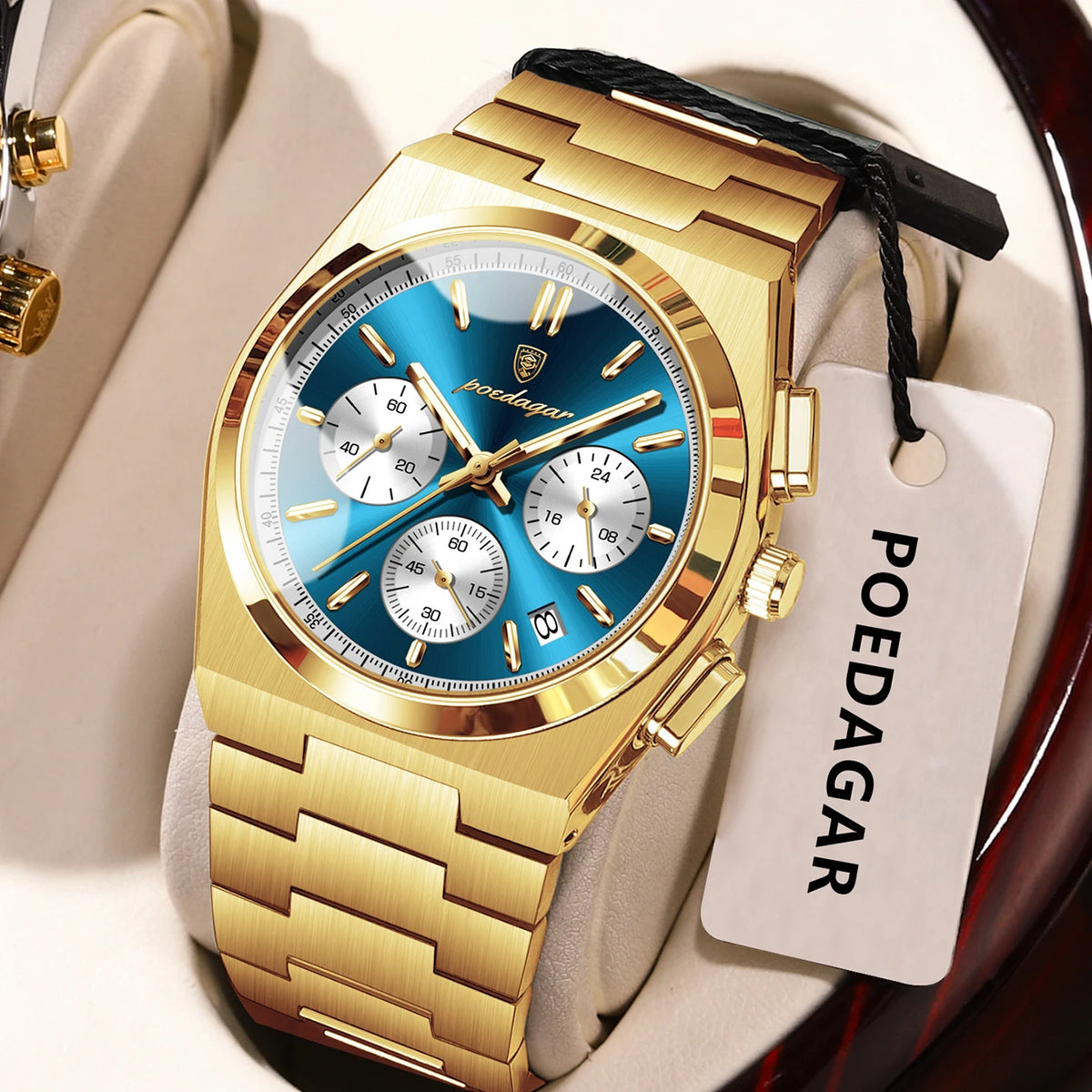 POEDAGAR herenhorloge – Luxe chronograaf van roestvrij staal, met datum, waterdicht en lichtgevend – Sportief quartz-polshorloge