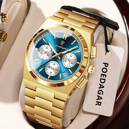 POEDAGAR herenhorloge – Luxe chronograaf van roestvrij staal, met datum, waterdicht en lichtgevend – Sportief quartz-polshorloge