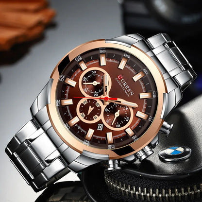 CURREN Chronographenuhr für Herren, großes Zifferblatt (48 mm), Edelstahlarmband, drei Hilfszifferblätter, Quarz-Sportarmbanduhr, luxuriöser Stil