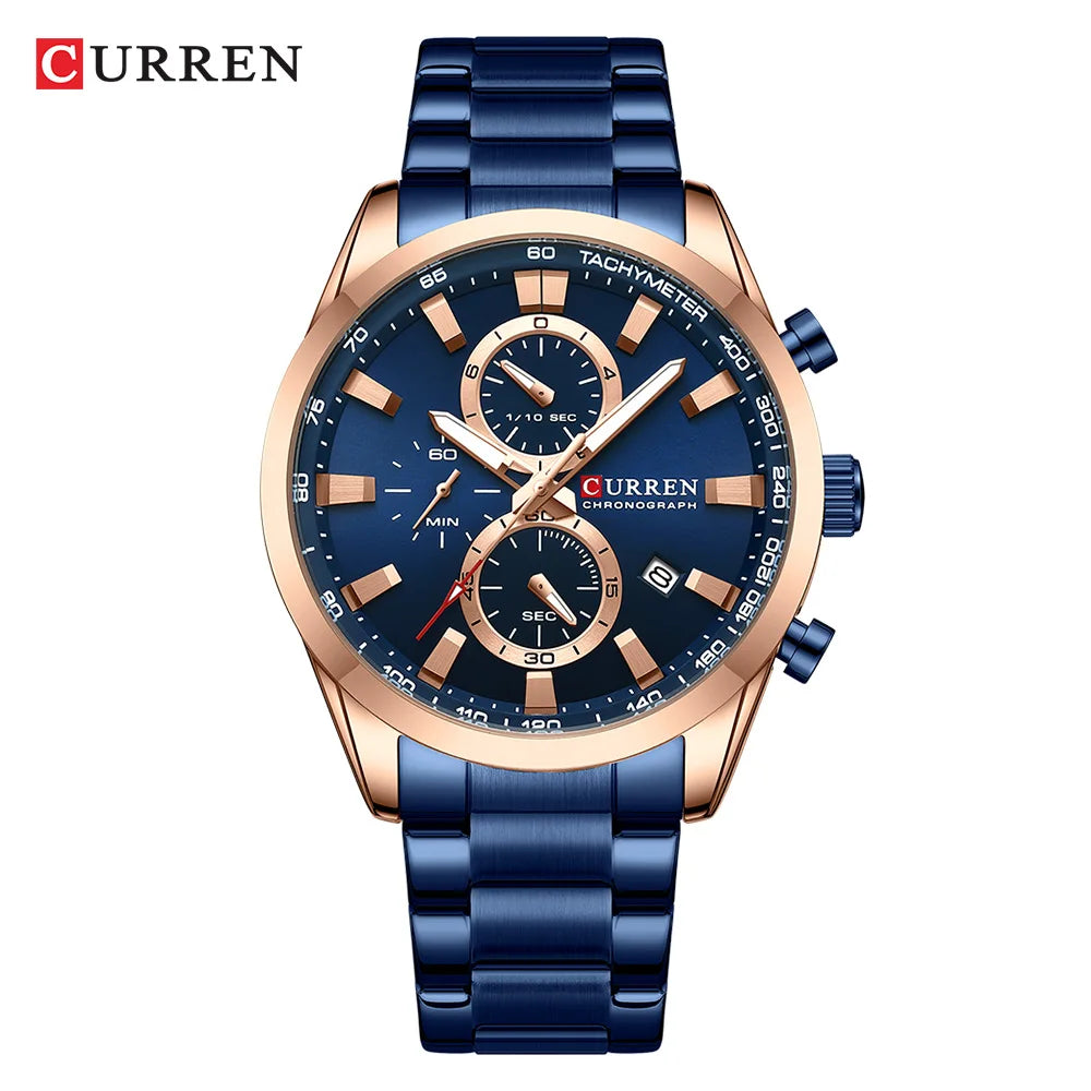 CURREN Quartz Chrono Sport Watch Brands for Men - Stainless Steel Bracelet and Multifunctional Dial