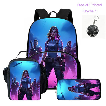 3-teiliges FORTNITE Cartoon-Schulset mit leichtem Rucksack, Fronttasche, Lunchbox und Federmäppchen für Kinder von 5-9 Jahren + kostenloser 3D-gedruckter Schlüsselanhänger