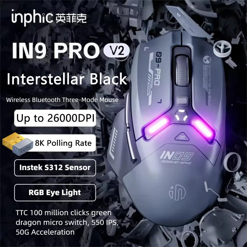 Inphic IN9PRO Wireless Gaming Mouse 26000 DPI Tri-Mode RGB Gaming Mouse, PAW3395 Sensor, Bluetooth 5.0, 2.4G & Wired, 8K Polling Rate Compatible