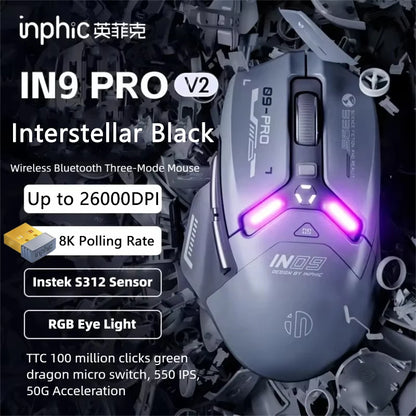 Inphic IN9PRO Wireless Gaming Mouse 26000 DPI Tri-Mode RGB Gaming Mouse, PAW3395 Sensor, Bluetooth 5.0, 2.4G & Wired, 8K Polling Rate Compatible