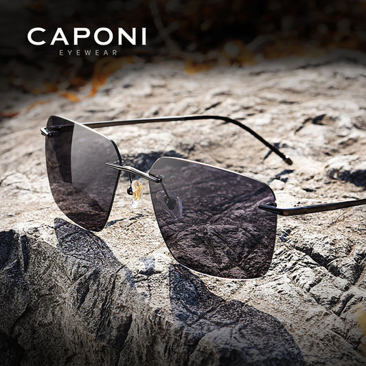 CAPONI Pure Titanium Photochromic Sunglasses Rimless Polarized Driving Men's Sun Glasses Ultra Light UV400 Brand Shades BS28923