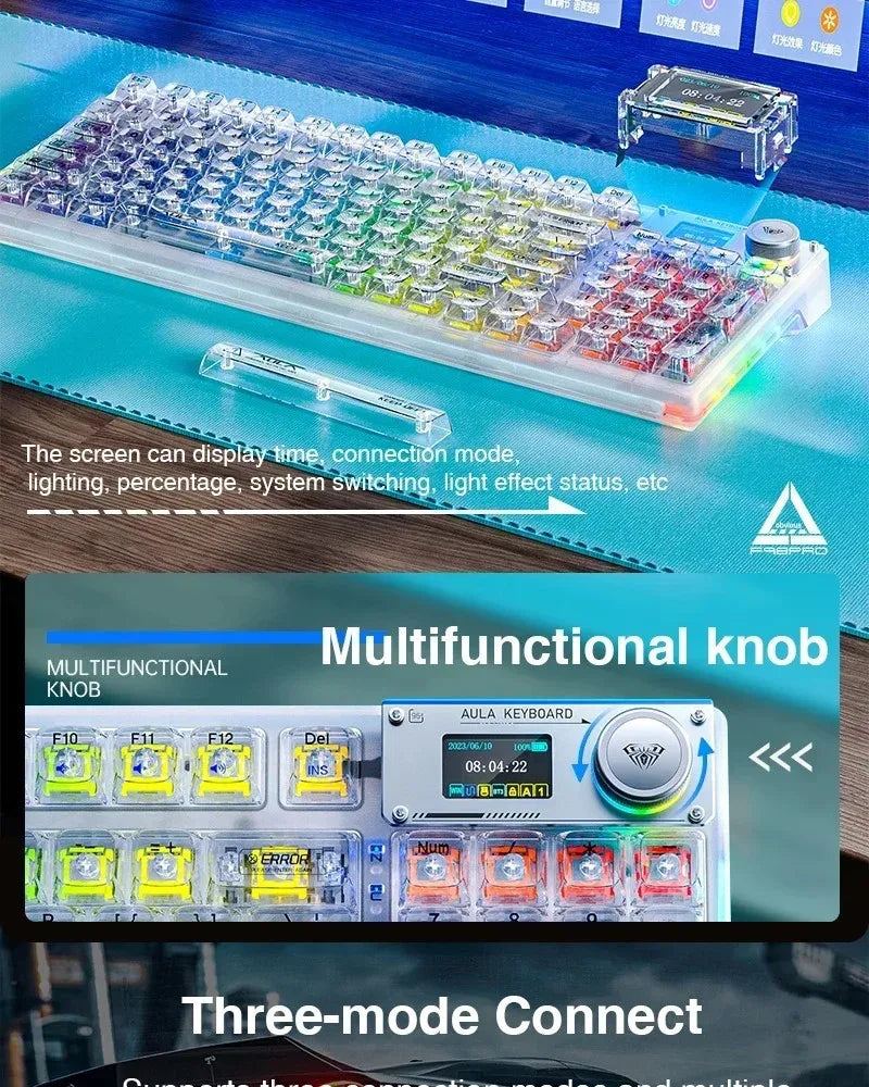 AULA F98PRO Wireless Mechanical Keyboard Transparent Keycaps RGB Backlit Custom 2.4G Hot Swappable Gaming Keyboard With Screem