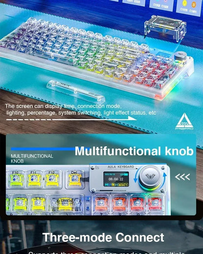 AULA F98PRO Wireless Mechanical Keyboard Transparent Keycaps RGB Backlit Custom 2.4G Hot Swappable Gaming Keyboard With Screem