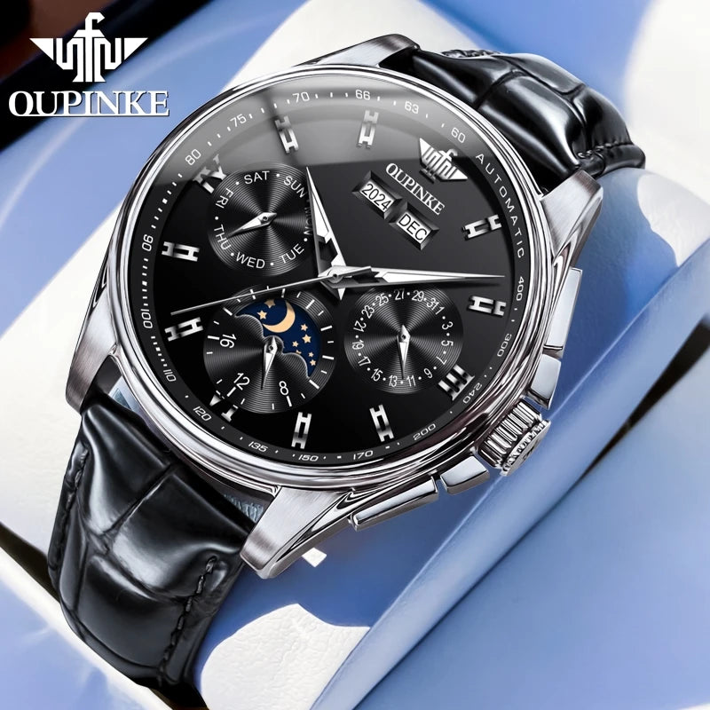 OUPINKE 3189 Classic Men's Watch Leather Strap Waterproof Moon phase Top Brand Automatic Mechanical Men's Wristwatch
