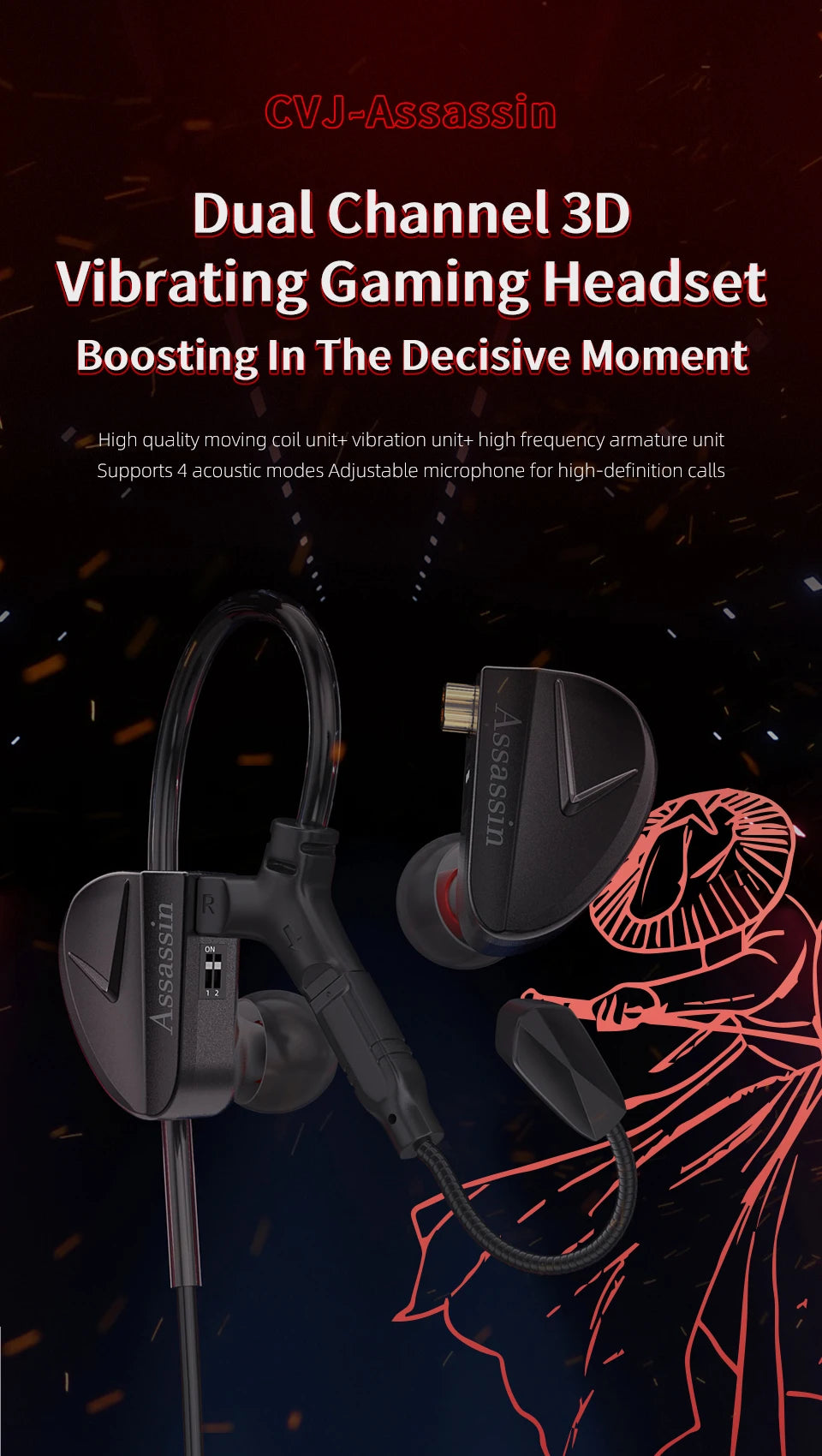 CVJ Assassin Earphones 1BA+1DD+1Vibration Switch Adjustable Gaming E-sports In-Ear 3.5mm&Type-C Hifi Headphones
