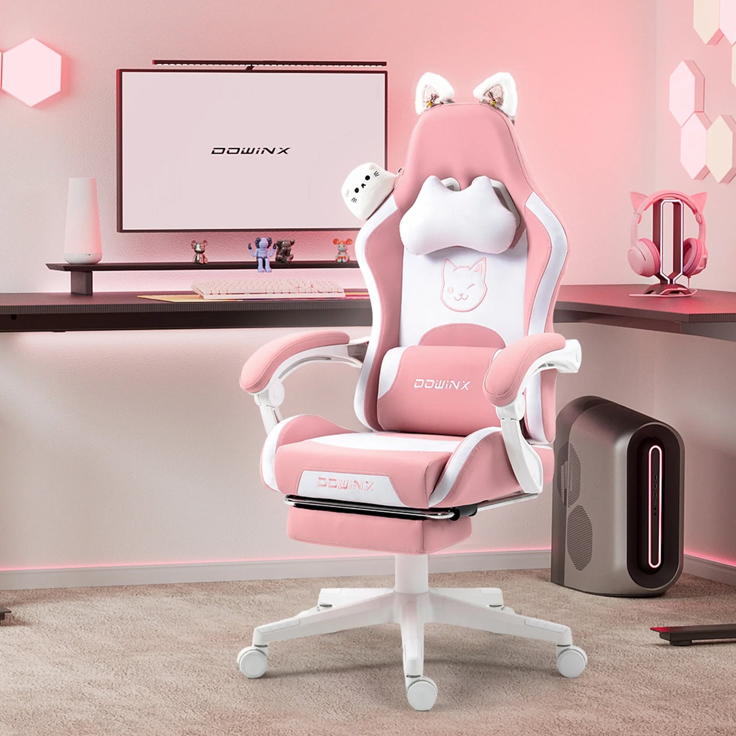 Cuki gamer szék macskafülekkel, lábtartóval, rózsaszín kawaii számítógépes szék, ergonomikus, magas háttámlás gamer ülés macskamancsos deréktámasszal