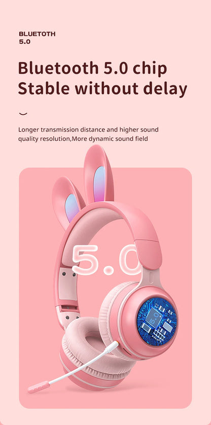 Glow Unicorn Bluetooth Headphones for Kids – LED Bunny Ear Wireless Headphones with Microphone, TF Card Slot, Over-Ear Bluetooth Headset for Gaming, Music & Mobile Devices