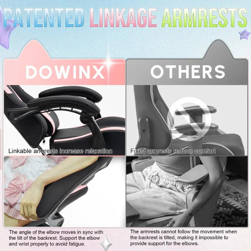 Cuki gamer szék macskafülekkel, lábtartóval, rózsaszín kawaii számítógépes szék, ergonomikus, magas háttámlás gamer ülés macskamancsos deréktámasszal
