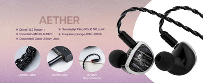 Kiwi Ears Aether HiFi Earphones 15.3mm Planar Driver IEM with Detachable Cable, High-Resolution Wired Earphones for Gaming & Music