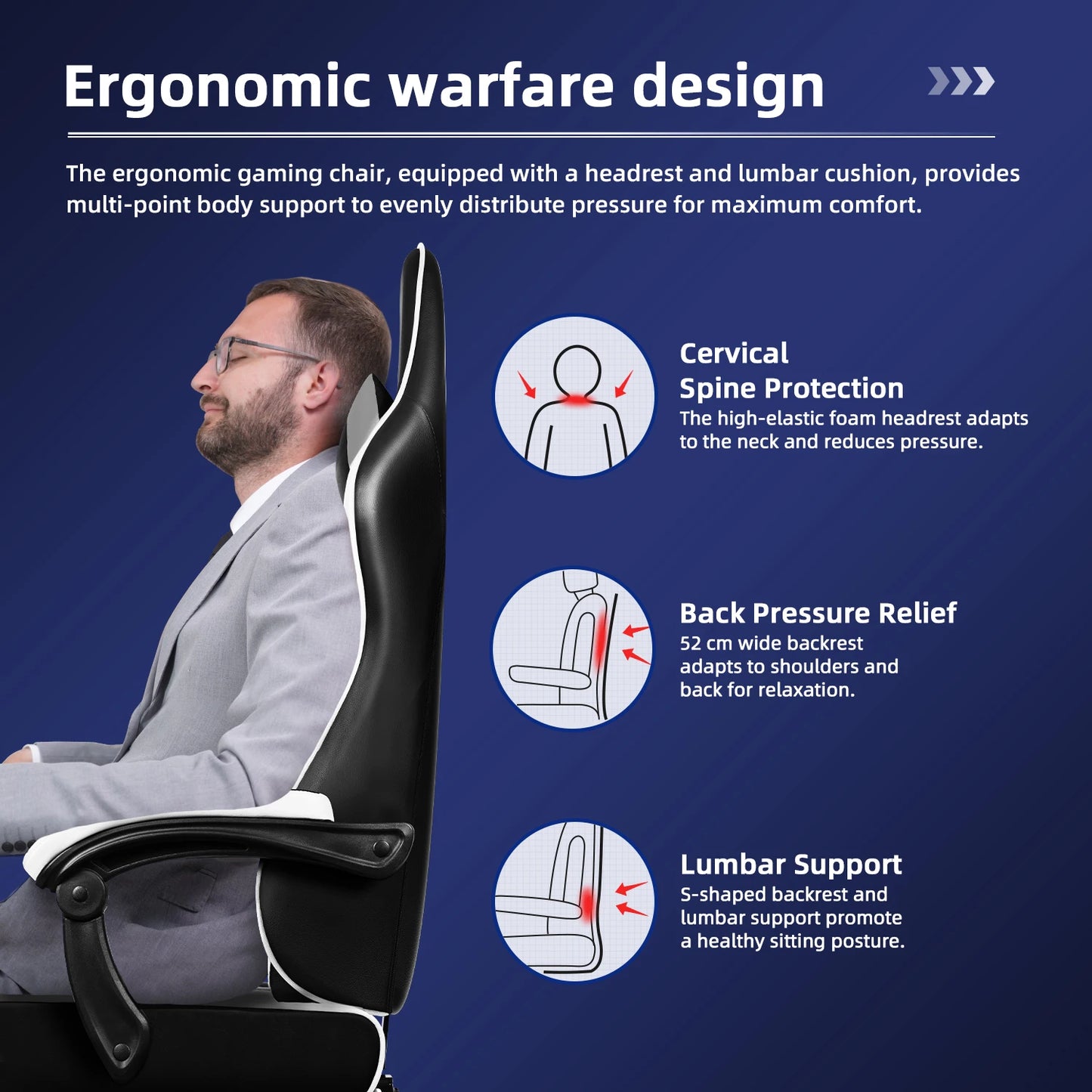 AUTHMIC Ergonomic Gaming Chair High Back Reclining Office Chair with Adjustable Lumbar Support, Headrest, Footrest & PC Gamer Seat