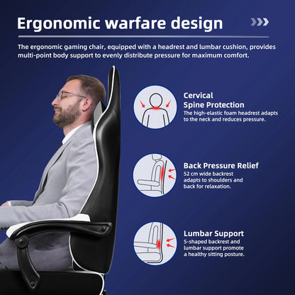 AUTHMIC Ergonomic Gaming Chair High Back Reclining Office Chair with Adjustable Lumbar Support, Headrest, Footrest & PC Gamer Seat
