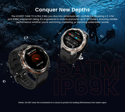 KOSPET TANK T3 Ultra 2 GPS Smart Watch for Men Bluetooth Call 5ATM IP69K Waterproof Men's Watch Stainless Steel Health Monitor