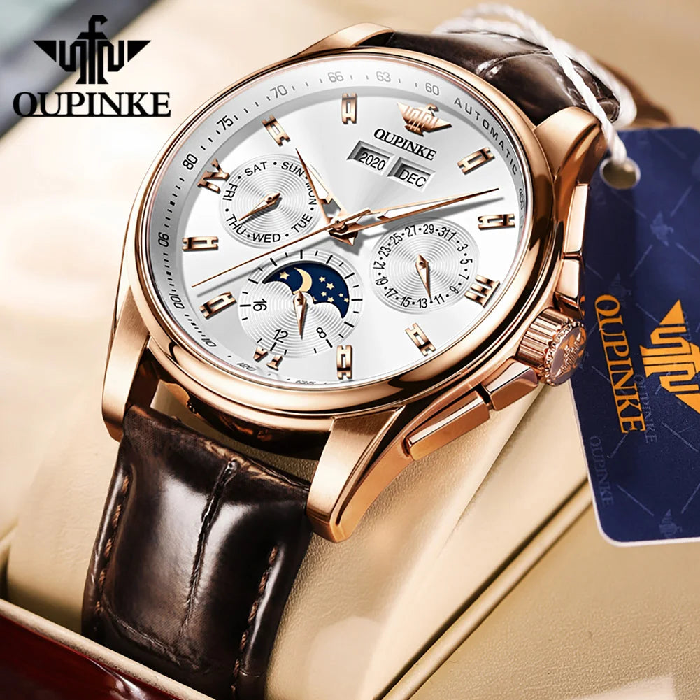 OUPINKE 3189 Classic Men's Watch Leather Strap Waterproof Moon phase Top Brand Automatic Mechanical Men's Wristwatch