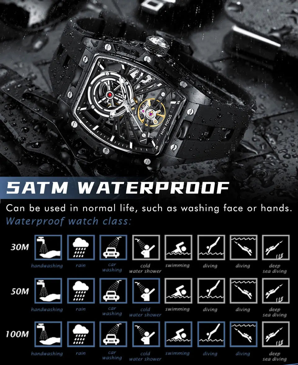 MINI FOCUS Herren-Armbanduhr, modisch, schwarz, wasserdicht, automatische mechanische Uhr mit Leuchtzeigern, Silikonarmband und Tonneau-Zifferblatt