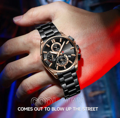 CURREN Men's Stainless Steel Chronograph Watches with Luminous Hands,Triple Sub-Dials Auto Date Fashion Design Quartz Wristwatch
