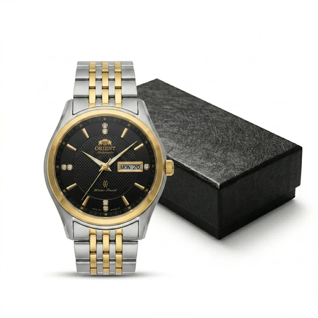 Montre mécanique automatique pour homme Orient, avec double calendrier (date et jour de la semaine), index en cristal et bracelet en acier inoxydable – Montre-bracelet de style professionnel