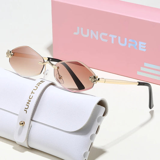 JUNCTURE Fashion Small Polygonal Sunglasses for Women Luxury Brand Rimless Brown Rhombus Sun Glasses Female Vintage Eyewear