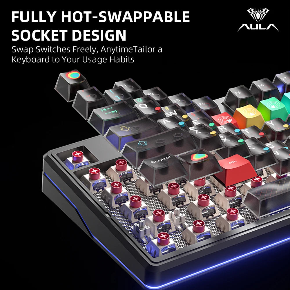 AULA F87 Pro V2 E-Sports Mechanical Keyboard 2.4g/Usb/Bluetooth Hot-Swap RGB Long Battery Life Custom Gasket 5 Layer PC Gaming