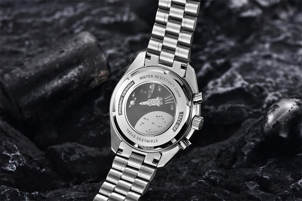 Vyriškas laikrodis „PAGANI DESIGN“ „New Moon“ – prabangus kvarcinis laikrodis su chronografu, safyro stiklu su antirefleksine danga, keraminiu rėmeliu ir šviečiančiomis rodyklėmis