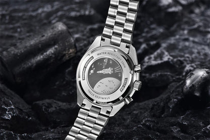 Vyriškas laikrodis „PAGANI DESIGN“ „New Moon“ – prabangus kvarcinis laikrodis su chronografu, safyro stiklu su antirefleksine danga, keraminiu rėmeliu ir šviečiančiomis rodyklėmis