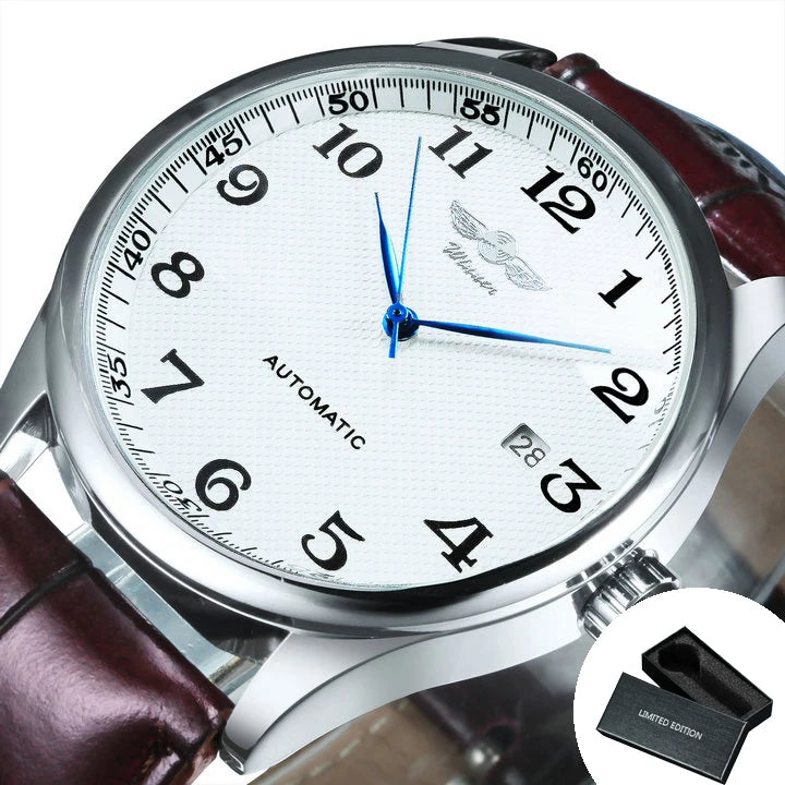 Herrenuhr WINNER – Klassischer, retro-eleganter Stil – Mechanische Automatikuhr mit Kalender – Luxusmarke, Edelstahlgehäuse und Lederarmband