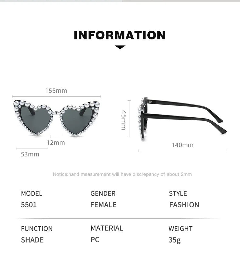 New In Luxury Fine Shimmering Love Pearl Sun Glasses Women Heart Glasses Casual Bling Sunglasses Lentes De Sol Mujer