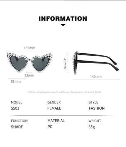 New In Luxury Fine Shimmering Love Pearl Sun Glasses Women Heart Glasses Casual Bling Sunglasses Lentes De Sol Mujer