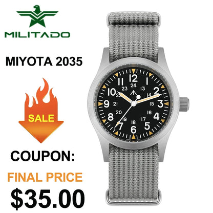 Militado ML05 38mm Military Watch Miyota 2035 Movement Domed Sapphire Crystal C3 Green Luminous 10Bar Waterproof Vintage Watches