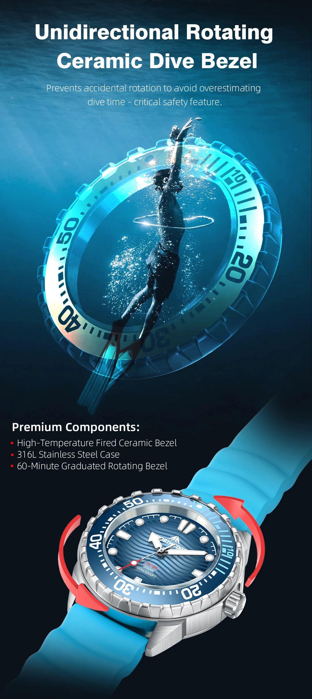 NORTH EDGE New TRITON Solar Powered Diving Watch for Man Luxury Quartz Wristwatches 316L Stainless Steel Case Waterproof 300M