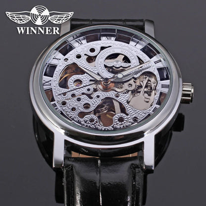T-Winner Popular Lovers Skeleton Design Gold Watches Mechanical Hand Wind Movement PU Leather Strap Wristwatch for Men Women