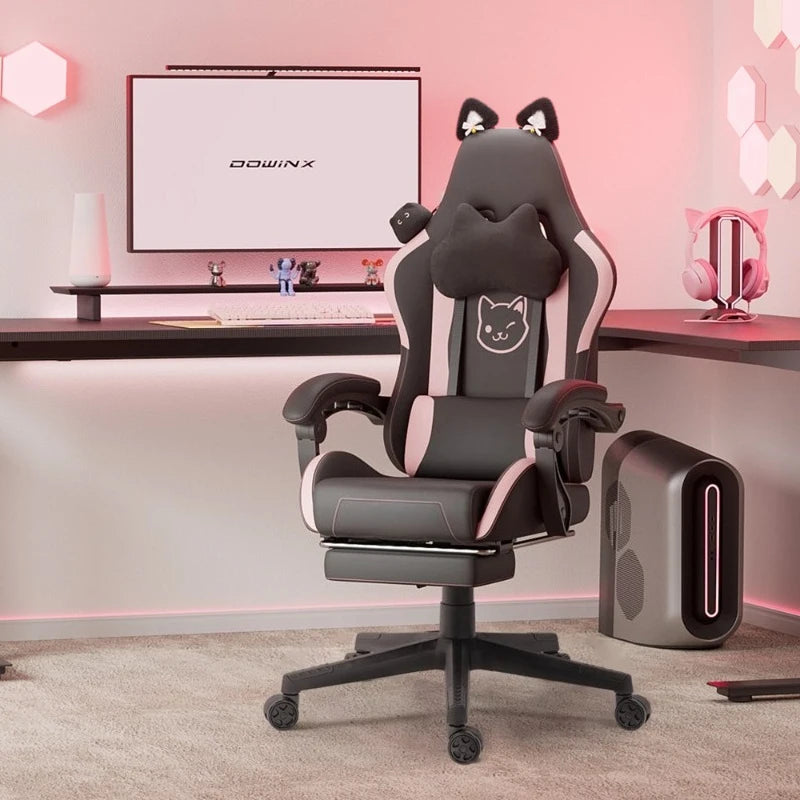 Cuki gamer szék macskafülekkel, lábtartóval, rózsaszín kawaii számítógépes szék, ergonomikus, magas háttámlás gamer ülés macskamancsos deréktámasszal